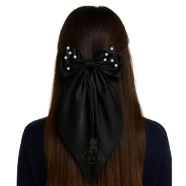 Imagem de Clipe de Cabelo Grande com Laço em Tecido Cetim Premium — Acessório Feminino Clássico e Sofisticado(Preto com Perolas)