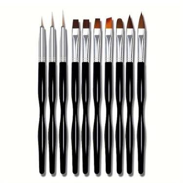 Imagem de Conjunto de 10 pincéis profissionais pretos para arte de unhas, pincéis de pintura de ponta fina com alças ergonômicas pretas, kit versátil de ferramentas de manicure para pó acrílico, esmalte de gel