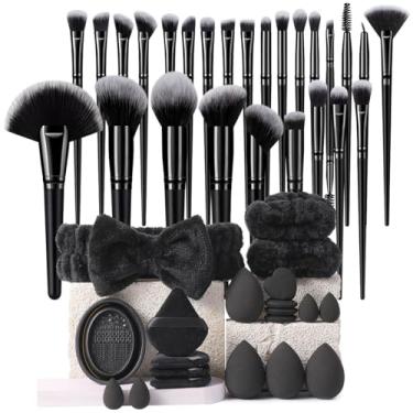 Imagem de Kit de pincéis de maquiagem, kit de maquiagem multifuncional com pincel de maquiagem, conjunto de pincéis de base, pincéis de maquiagem (conjunto preto de 46 peças)
