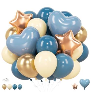 Imagem de 62 peças de balões azuis empoeirados azul branco pastel claro bebê areia branco creme coração estrela folha de chá de bebê meninos 12 polegadas decorações de balão para despedida de solteira