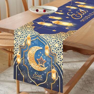Imagem de Caminho de mesa Eid Mubarak, decorações de Ramadã Kareem em ouro azul com padrão de lua e lanterna estrela, corredores de mesa de jantar de cozinha para decoração de feliz feriado islâmico e