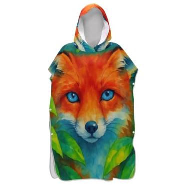 Imagem de Poncho de surf com folhas verdes raposa vermelha para adultos trocador de roupa de banho toalhas com capuz plus size ponchos femininos com capuz