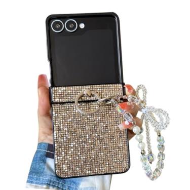 Imagem de GO-VOLMON Capa feminina com alça de glitter para Samsung Galaxy Z Flip 7 com suporte de anel, pulseira feminina para Galaxy Z Flip 7 protetor de dobradiça com glitter, capa de cordão fofa de cristal
