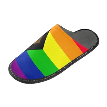 Imagem de Joisal Pantufas femininas felpudas aconchegantes novas Lgbtq Pride Flag Furry Indoor Pantufas masculinas de espuma viscoelástica Slip-ons Tamanho 4-5, Nova bandeira do orgulho Lgbtq, 9-10 Wide