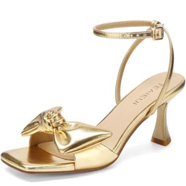 Imagem de TEAIEUI Sandálias femininas com salto de laço, bico quadrado, aberto, fivela no tornozelo, sapatos elegantes para casamento, noiva, formatura, festa, uso diário, Dourado, 40