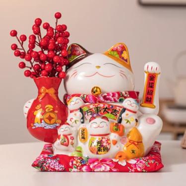 Imagem de FENNYYAR Lucky Red Fruit Ceramic Waving Arm Maneki Neko, 27 cm 10,5 polegadas, decoração de presente de loja de abertura