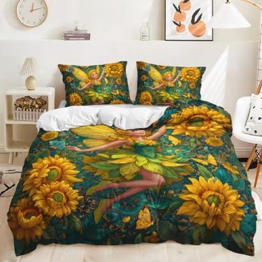 Imagem de AILONEN Lindo conjunto de capa de edredom para meninas, tamanho Queen, conjunto de cama de fada com flores de desenho animado, girassol amarelo, 3 peças, 1 capa de edredom + 2 fronhas