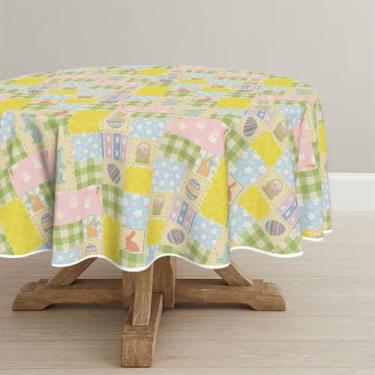 Imagem de Horaldaily Toalha de mesa redonda de Páscoa, 152 x 152 cm, estilo remendo, ovos, coelhinhos, flores, cesta, xadrez, lavável, sazonal, para decoração de festa, piquenique, jantar