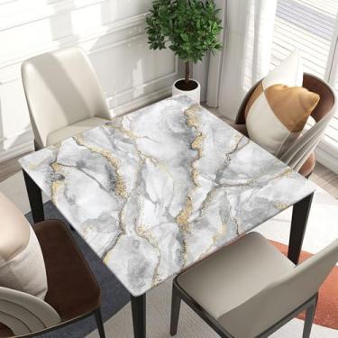 Imagem de Toalha de mesa quadrada com borda elástica com fundo de textura de mármore, formato oval com tecido de poliéster elástico, capa decorativa resistente à água, configuração de festa, decoração de casa