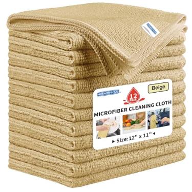 Imagem de HOMERHYME Pano de limpeza de microfibra, pacote com 12 panos de limpeza bege para limpeza, toalhas de microfibra reutilizáveis para carro, cozinha, banheiro e suprimentos de limpeza doméstica