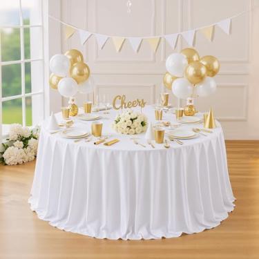 Imagem de Toalha de mesa redonda branca redonda de 274 cm reutilizável de poliéster lavável para festa de casamento, aniversário, chá de panela, círculo, cozinha, jantar, buffet, restaurante, bolo, banquete