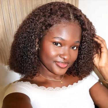 Imagem de Peruca de cabelo humano Hihmarm, castanho chocolate, 13x6 HD, com ondas profundas, renda frontal, pré-selecionada, curta, cacheada, para mulheres negras, densidade 180%, castanho escuro, 30 cm