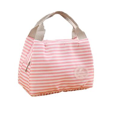 Imagem de Bento Boxes Lancheira Isolada Fria Piquenique Bolsa Térmica Portátil Lancheira Bolsa Bento Recipiente Sacos de Armazenamento de Alimentos (Cor: Ponta Marinha) (Listras Rosa)