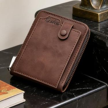 Imagem de Carteira masculina de couro curta com zíper, organizador de zíper durável para o dia a dia (marrom escuro)