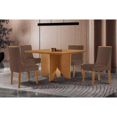Imagem de Sala Jantar Mesa Nevada Tampo Curvo 90cm+4 Cadeiras Dakota Madeira Nat