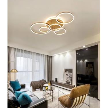 Imagem de Luminária de teto LED moderna e regulável para sala de estar, com design criativo e redondo, controle remoto, temperatura de cor de 3000K a 6500K, ideal para quarto e sala de jantar (dourada