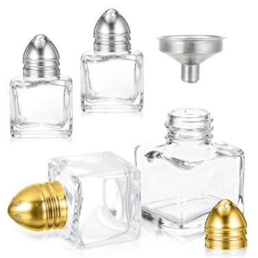 Imagem de Lnngub 4 mini saleiros e pimenteiros, mini saleiro de 14,2 g, sais de prata e ouro e pimenteiros a granel com forma de cubo de funil, pequenos sais para cozinha, restaurante, viagem, acampamento