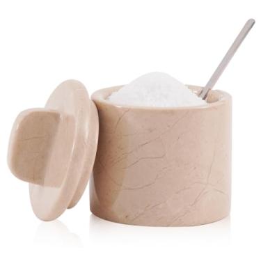 Imagem de SPESHSTONES Adega de sal de mármore com tampa e colher recipientes pequenos de tempero bege de 10 cm para presentes domésticos, potes de especiarias decorativos, açucareiro e saleiro escamoso para