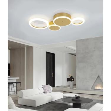 Imagem de Luminária de teto LED moderna para interiores, com intensidade regulável, ideal para sala de estar, quarto, sala de jantar e escritório (dourada, 4 anéis).