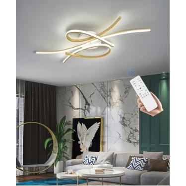 Imagem de Luminária de teto LED moderna, dimerizável, com controle remoto, formato oval, preta e dourada. Ideal para sala de estar, quarto, sala de jantar e cozinha (dourada, 100 cm).