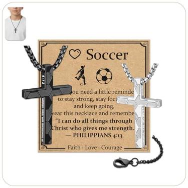 Imagem de JAWOMATY Colar masculino com cruz de futebol, basquete, beisebol, futebol, aço inoxidável, inspiração cristã, com pingente esportivo com 4:13, joia de fé para presente de ano novo, páscoa, batismo