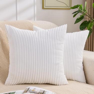 Imagem de Yosodeko Capas de almofada decorativas brancas 50 x 50 cm, pacote com 2, capas de almofada de veludo cotelê macio e listrado, decoração moderna minimalista para sofá, poltrona, sala de estar