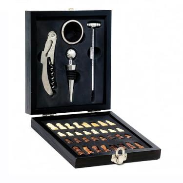 Imagem de Abridor de vinho profissional com termômetro de vinho, anel de gotejamento e conjunto de xadrez, caixa de presente de madeira