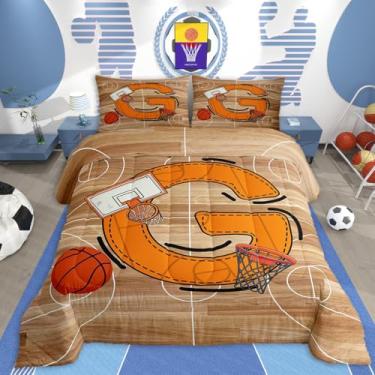 Imagem de jejeloiu Conjunto de edredom de basquete, solteiro, presentes inspiradores para amantes de basquete, conjunto de cama para crianças, meninos, meninas, letra G, edredom com monograma, 2 peças com 1