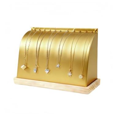 Imagem de SWTOOL Suporte de exibição de colar curvado com tapete macio de couro organizador de joias de madeira suporte de exibição de mesa para colares, pingente de gargantilha (ouro)