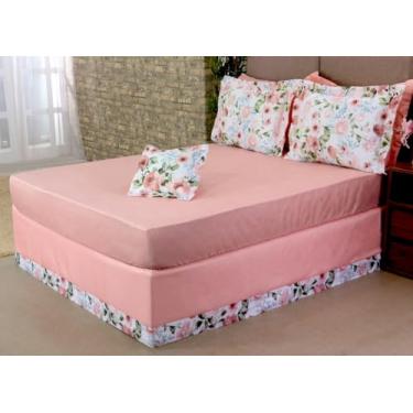 Imagem de Jogo de Lençol Cama Box Queen 5 Peças com Elástico Saia para Box Microfibra 100% Poliéster Rosa com Estampa Floral 200x160x30cm
