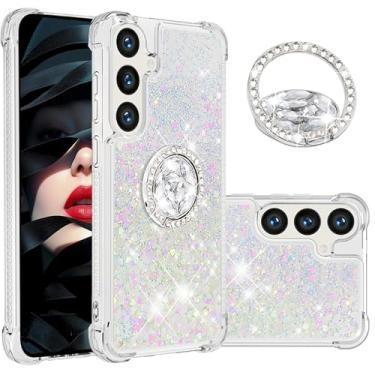 Imagem de Ephoou Capa líquida para Samsung Galaxy S26 Pro para mulheres e meninas, glitter fofo líquido brilhante coração flutuante TPU macio à prova de choque capa com anel de diamante suporte para Galaxy S26