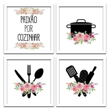 Imagem de Conjunto Quadros Decorativos 4pç 20x20 Paixão Por Cozinhar 2 Titulos Moldura Branca