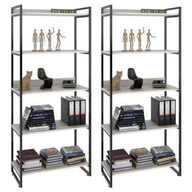 Imagem de Kit 2 Estantes Livreiro Prisma Estilo Industrial 80cm 5 Prateleiras C08 Snow - Mpozenato