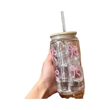 Imagem de Copo Plástico Rosa Com Laço 500ml Com Tampa E Canudos, Copo Estético R