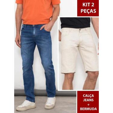 Imagem de Kit 2 Peças Masculino Calça Jeans Slim Azul + Bermuda Casual Cáqui/Beg