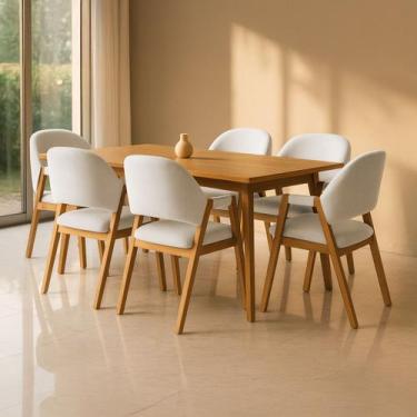 Imagem de Kit 6 Cadeiras de Jantar Noah com Braço Madeira Maciça Linho Estofada 