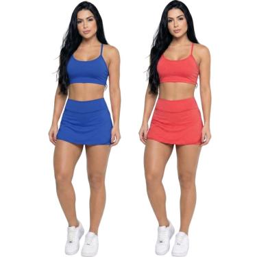Imagem de KIT 2 Conjunto Top Alça Fina E Short Saia Vekyo Roupa Para Academia Treino Moda Fitness Musculação-Feminino