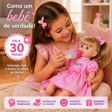 Imagem de Bebê reborn fala frases boneca fecha olhos com cabelo brinquedo Flora 