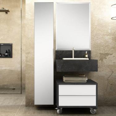 Imagem de Conjunto de Banheiro Max 60cm com Espelho Bancada em Porcelanato, Gaveteiro e Armário Vertical Bumi Preto