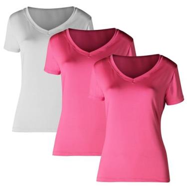 Imagem de Kit 3 Camiseta Proteção Solar Gola V Feminina Manga Curta Uv50+ 2 Rosa
