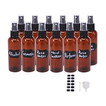Imagem de BPFY Pacote com 12 frascos de spray de névoa fina de 100 ml, frascos de spray de plástico âmbar para óleos essenciais, perfumes, álcool, garrafa de viagem, recipientes recarregáveis com funis,