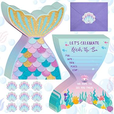 Imagem de 24 conjuntos de convites de aniversário de sereia com envelopes e adesivos de sereia, convites de sereia com glitter para crianças, festa de aniversário, chá de bebê, suprimentos de festa com tema de sereia, festa na piscina