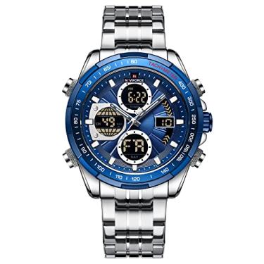 Imagem de Relógio masculino analógico digital de quartzo de aço inoxidável à prova d'água moda cronógrafo de negócios militar multifuncional, Azul