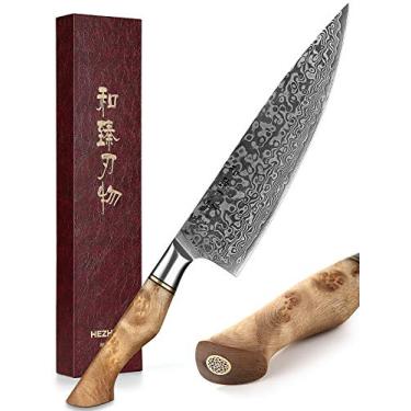 Imagem de HEZHEN Faca de chef profissional de aço damasco 21 cm, faca de cozinha VG10 Gyuto da série Master ferramenta de cozinha em casa, cabo de madeira de sicômoro com figura de restaurante