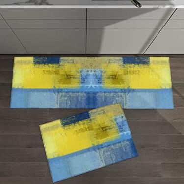 Imagem de Conjunto de 2 tapetes de cozinha abstrato amarelo azul pintura a óleo para tapetes acolchoados e tapetes antiderrapante absorvente corredor confortável tapete de pé