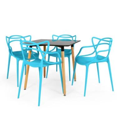 Imagem de Conjunto Mesa de Jantar Quadrada Eiffel Preta 80x80cm com 4 Cadeiras Allegra - Azul