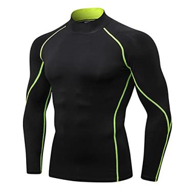 Imagem de LEICHR Camisetas de compressão masculinas de manga comprida e secagem fresca para academia com gola rolê, Linha verde preta nº 58, G