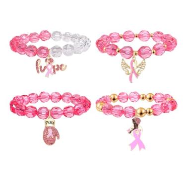 Imagem de FAERLIIRY Pulseiras de fita rosa Presentes de sobrevivente de câncer de mama para mulher Pulseira com contas de glitter Hope Fight, pulseiras rosa de apoio ao sobrevivente do câncer de mama, joias presentes, 2.5, Vidro, Sem pedras preciosas