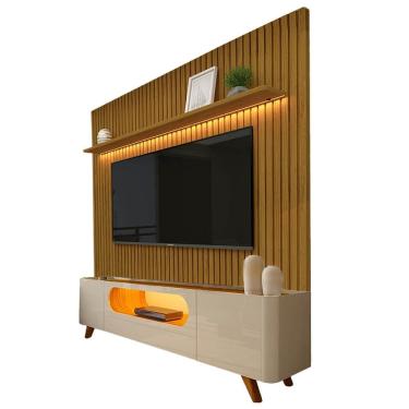 Imagem de Rack com Painel Nobre Sem Nicho 230cm para TV até 85 Polegadas Ripado com LED 2 Portas 1 Gaveta Gelius Cor Off White Nat