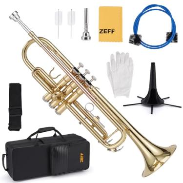 Imagem de ZEFF Trompete padrão Bb para iniciantes, trompete para estudantes com capa rígida, bocal 7C, pano de limpeza, luvas, instrumentos musicais de latão para crianças e adultos